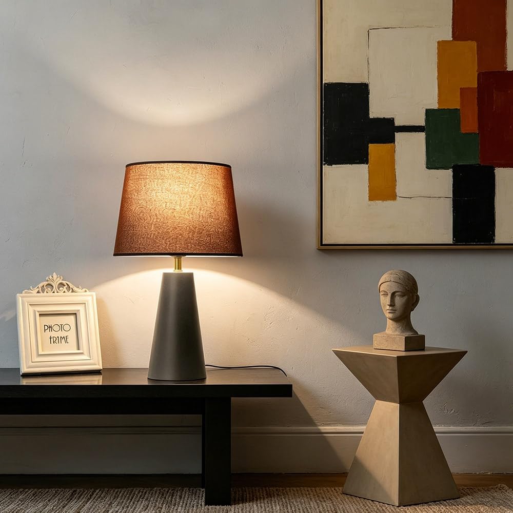 Norvani Modern Bedside Table Lamp – Linen Shade, Black Metal Base
