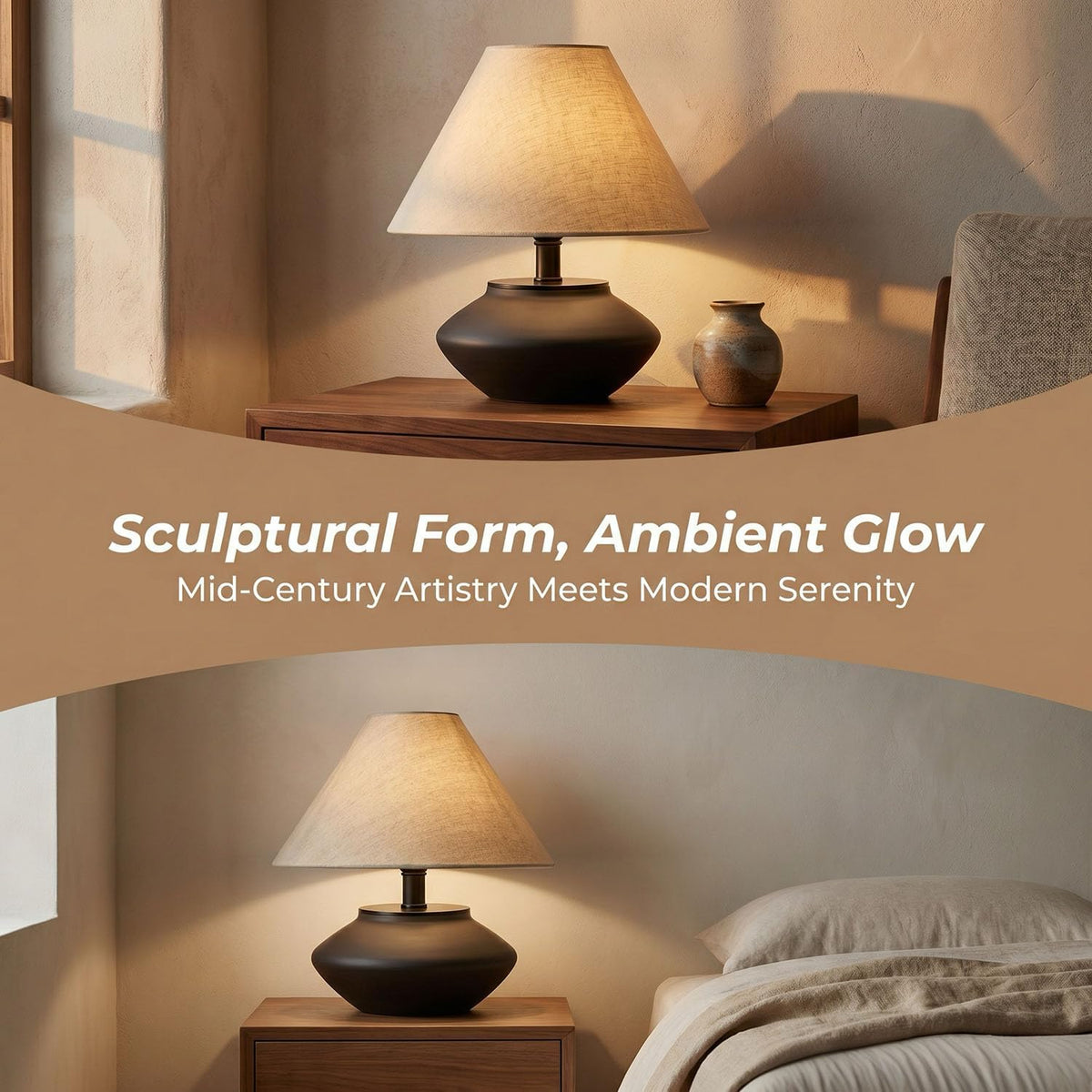 Norvani Farmhouse Ceramic Table Lamp – Black Base, Linen Shade
