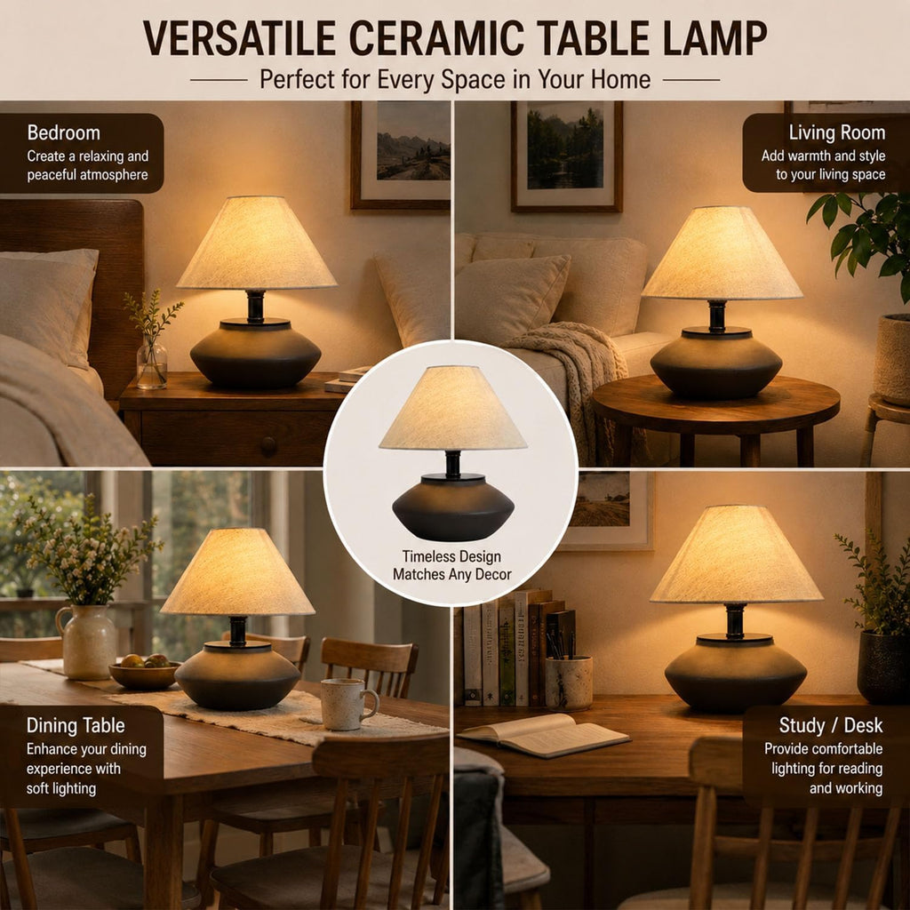 Norvani Farmhouse Ceramic Table Lamp – Black Base, Linen Shade