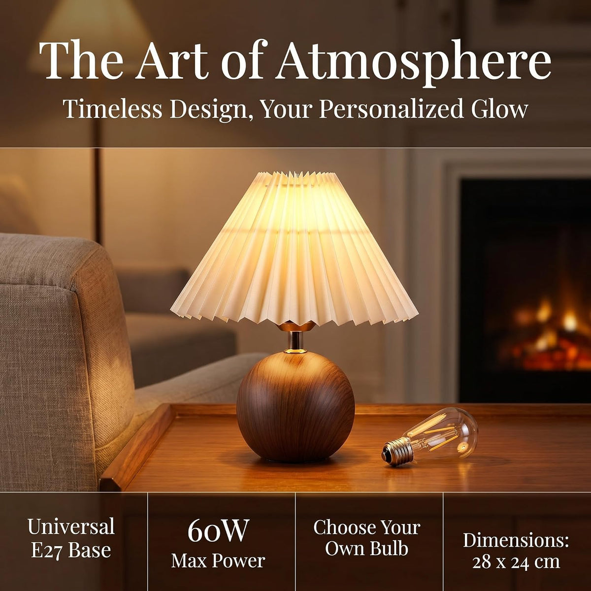 Norvani Ceramic Globe Table Lamp – Walnut Base, Beige Shade