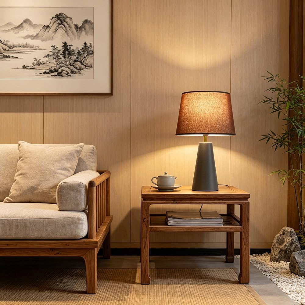 Norvani Modern Bedside Table Lamp – Linen Shade, Black Metal Base