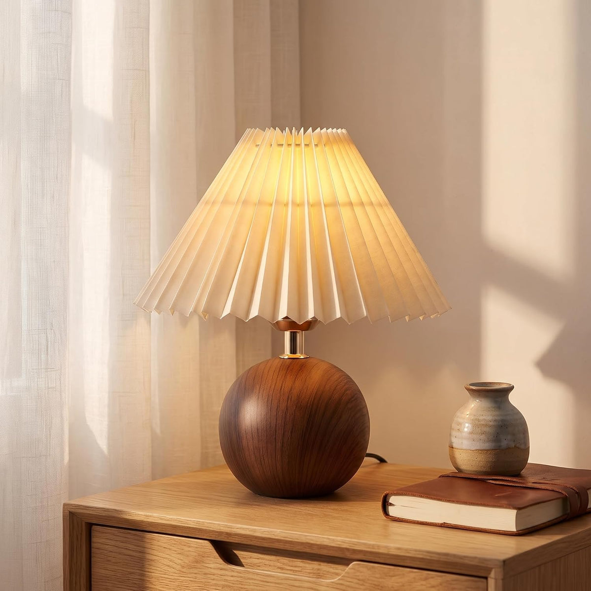 Norvani Ceramic Globe Table Lamp – Walnut Base, Beige Shade