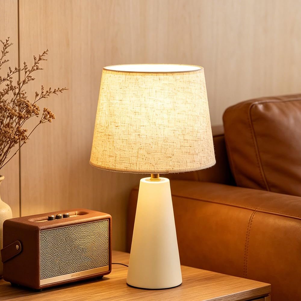 Norvani Modern Bedside Table Lamp – Linen Shade, Black Metal Base