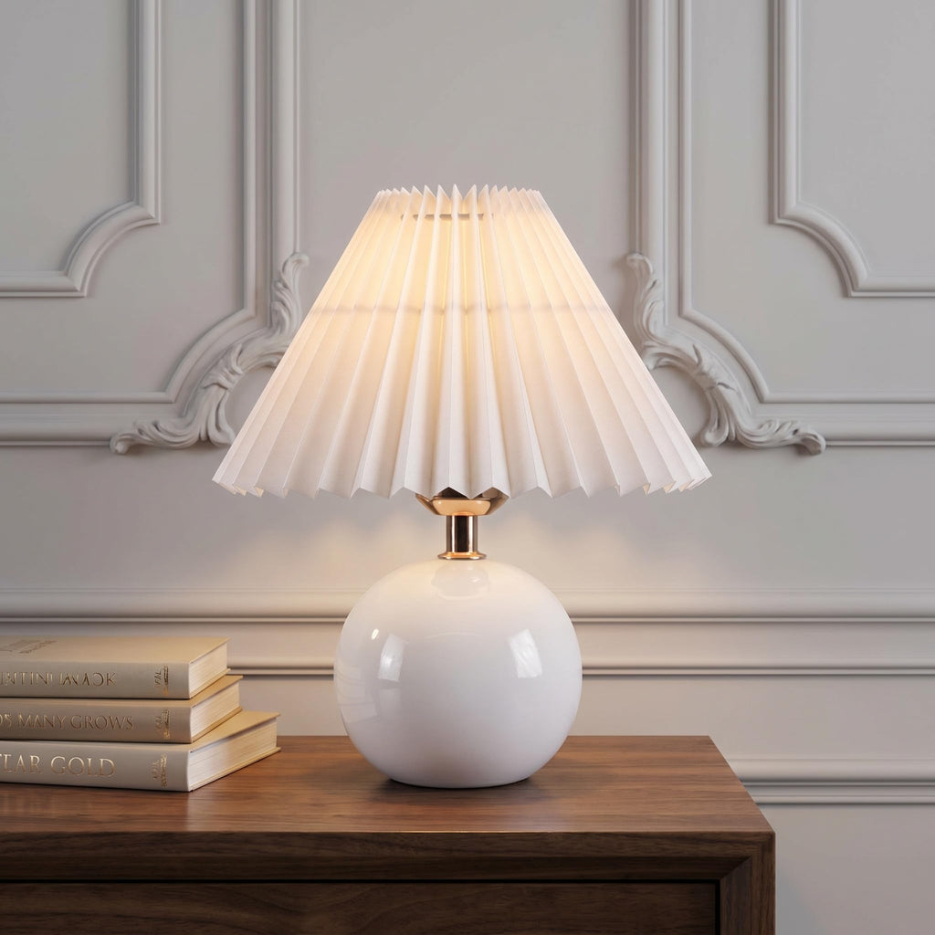 Norvani Ceramic Globe Table Lamp – Walnut Base, Beige Shade