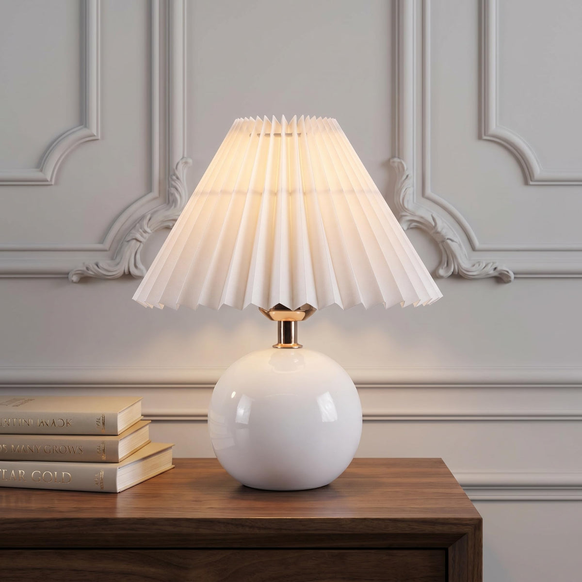 Norvani Ceramic Globe Table Lamp – Walnut Base, Beige Shade