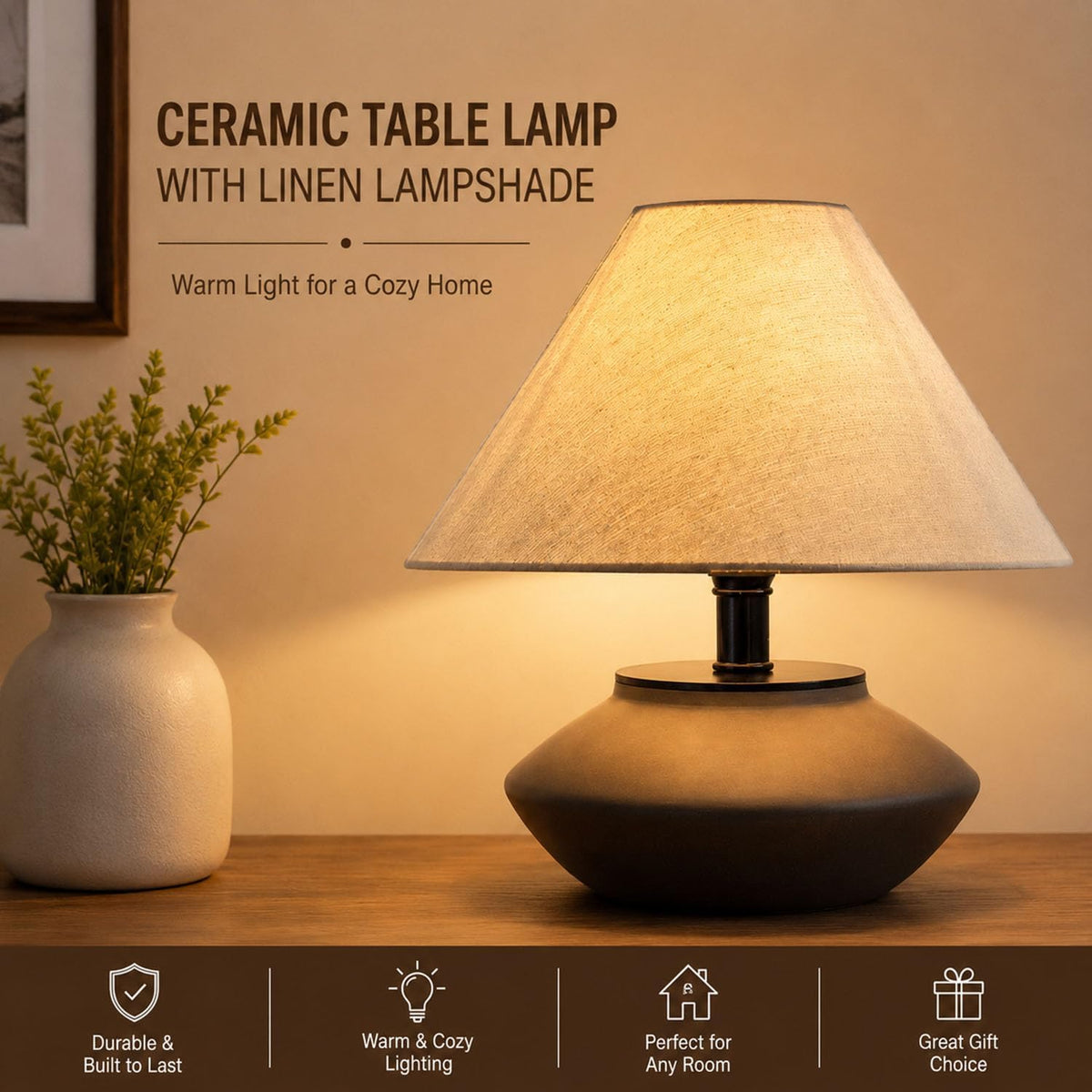 Norvani Farmhouse Ceramic Table Lamp – Black Base, Linen Shade