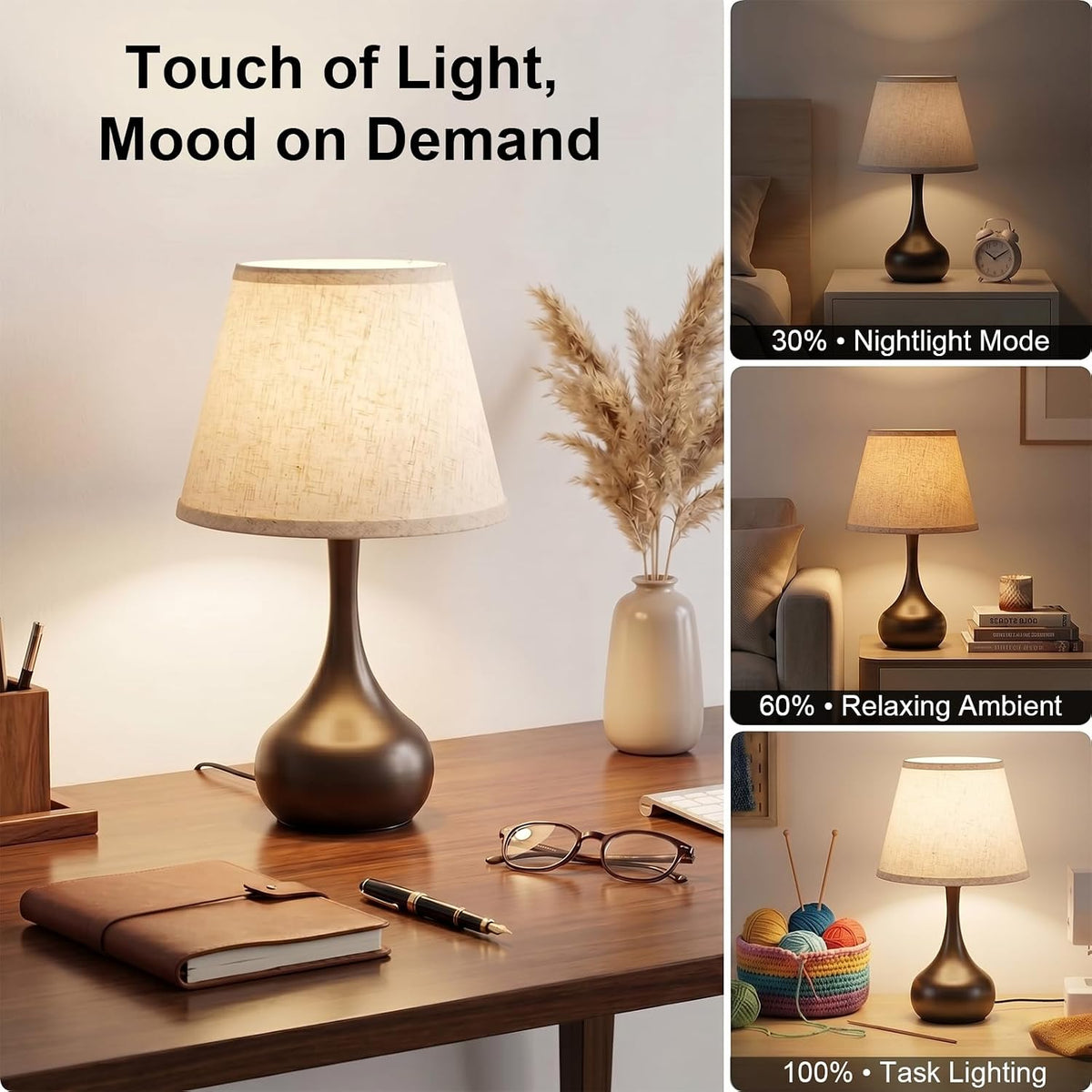 Norvani Touch Bedside Table Lamp – 3-Way Dimmable with Fabric Shade
