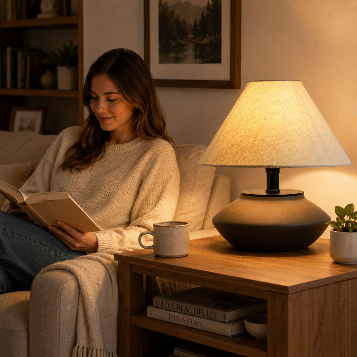 Norvani Farmhouse Ceramic Table Lamp – Black Base, Linen Shade