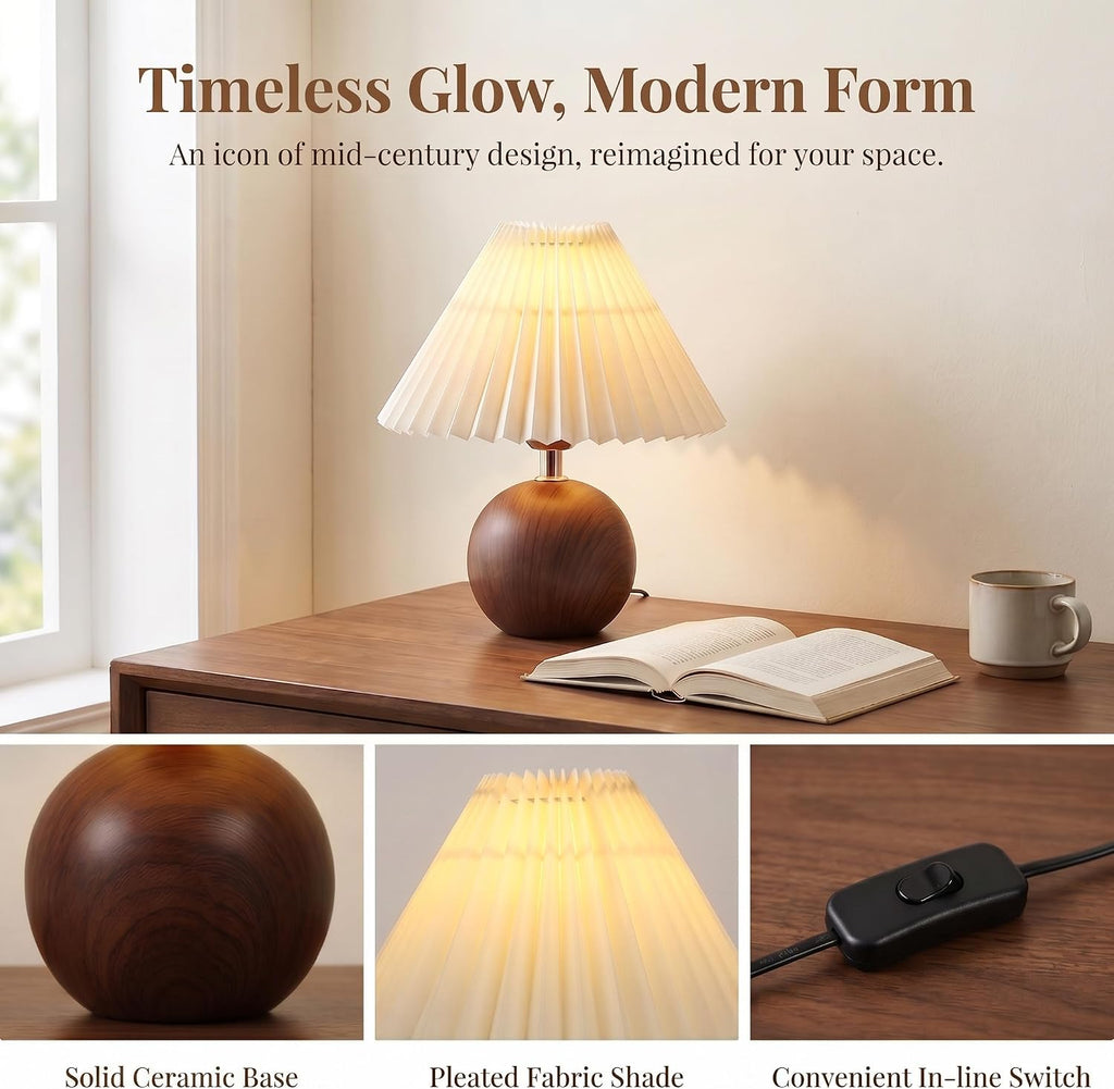 Norvani Ceramic Globe Table Lamp – Walnut Base, Beige Shade